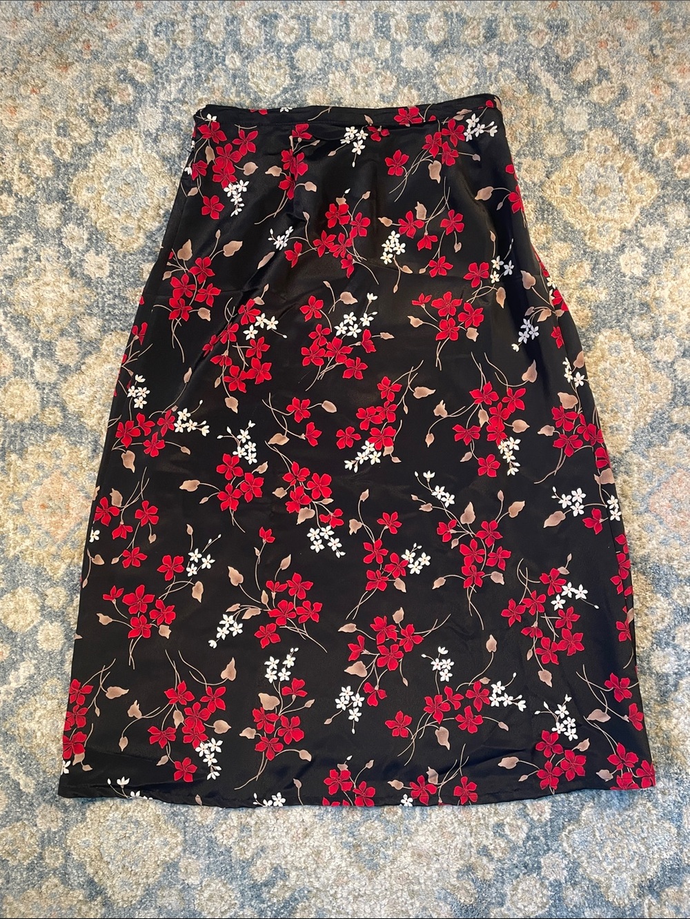Floral Midi Skirt in Black with Red & White Blooms